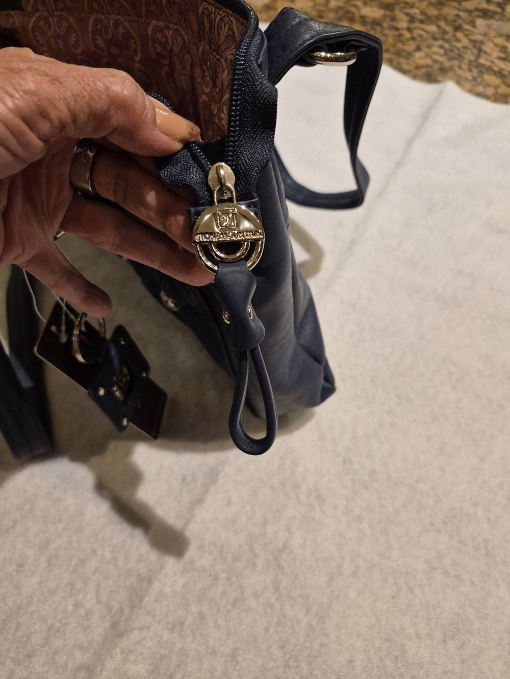 Vintage Stone Mountain Navy Leather Shoulder Bag with Silver-tone Accents NWT - Picture 8 of 11